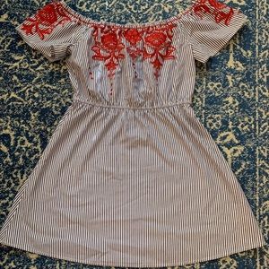 Francesca’s off the shoulder seersucker dress